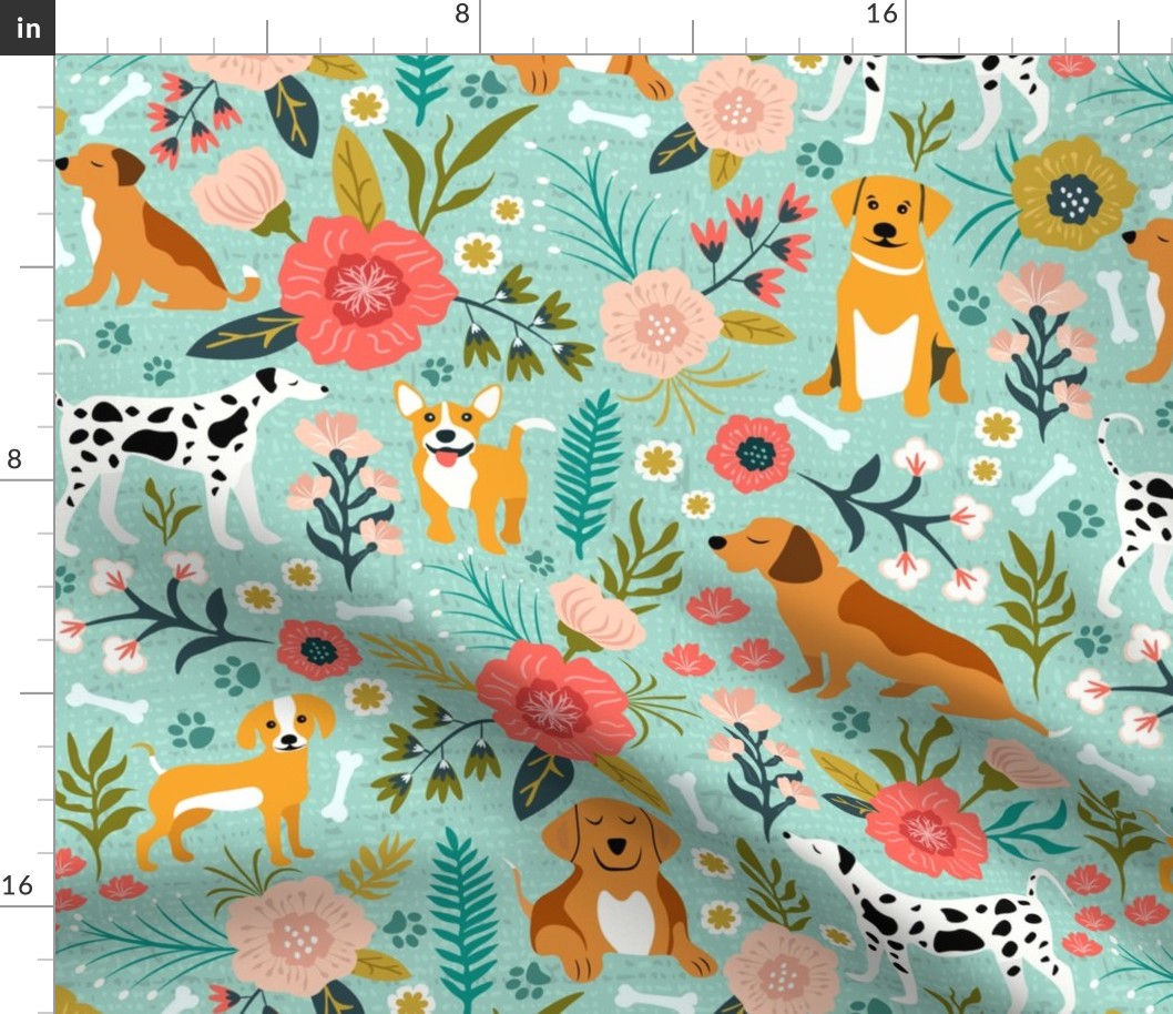 Dogs and Floral, Dog Fabric, Cute Dog Print