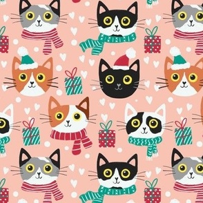 Cute Christmas cat faces blush Christmas xmas fabric WB22 small scale