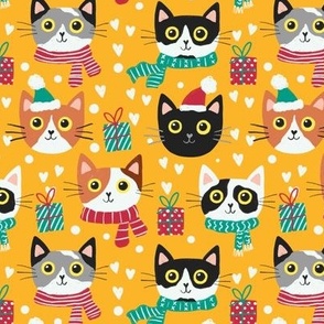Cute Christmas cat faces golden yellow Christmas xmas fabric WB22 small scale