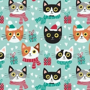 Cute Christmas cat faces turquoise Christmas xmas fabric WB22 small scale