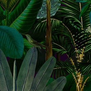 Midnight Jungle Peacocks Paradise Moody Vintage Botanical Illustration