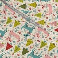 Retro Deer Amongst the Christmas Trees on a Snowy Day Fabric - Larger Deer