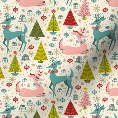 Retro Deer Amongst the Christmas Trees on a Snowy Day Fabric - Larger Deer