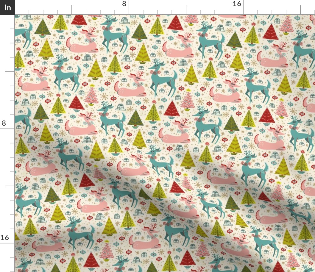 Retro Deer Amongst the Christmas Trees on a Snowy Day Fabric - Larger Deer