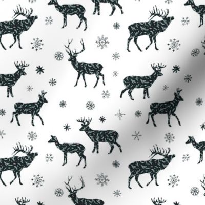 Snowy Winter Vintage Christmas Landscape with deers and snowflakes 