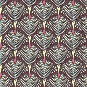 Luxurious Art Deco lines of blue and lemon on a brown background.