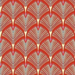 Luxurious Art Deco lines of blue and lemon on a red background.