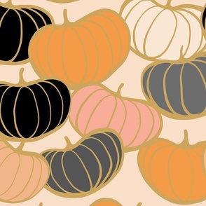 LARGE - Retro Pumpkin Love Pattern 5. Black, Grey, Orange on Blush