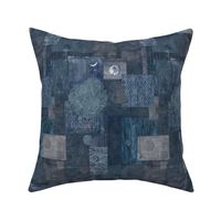 Sashiko Indigo Linen Railroad (rotated 90 degrees) | Japanese stitch patterns on a dark blue linen texture, patchwork, boro cloth, visible mending, kantha quilt in navy blue and gray.