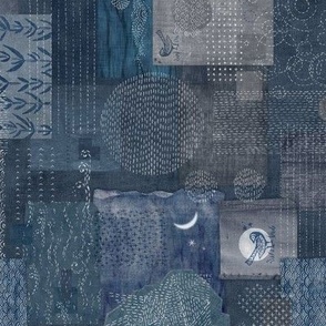 Sashiko Indigo Linen Railroad (rotated 90 degrees) | Japanese stitch patterns on a dark blue linen texture, patchwork, boro cloth, visible mending, kantha quilt in navy blue and gray.