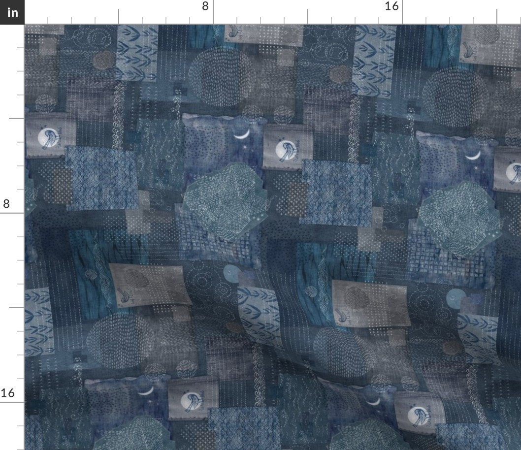 Sashiko Indigo Linen Railroad (rotated 90 degrees) | Japanese stitch patterns on a dark blue linen texture, patchwork, boro cloth, visible mending, kantha quilt in navy blue and gray.