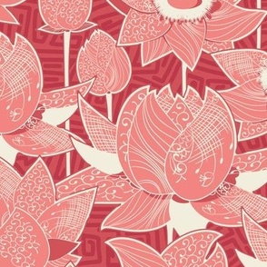 Magic lotuses, Pink-coral flowers on a light red background