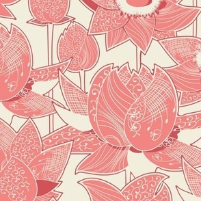 Magic lotuses, Pink-coral flowers on a cream background