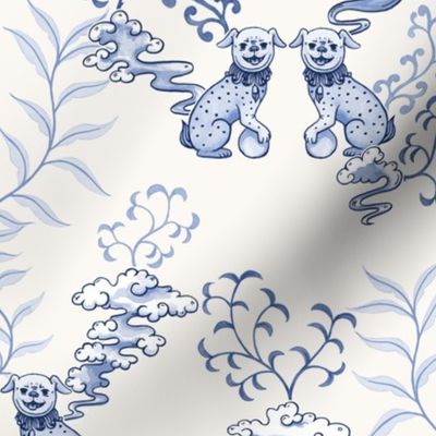 Foo Dogs Chinoiserie, Blue and White, Grandmillennial, Toile de Jouy