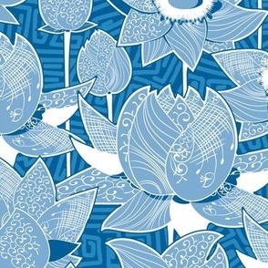 Magic lotuses, Light blue flowers on a blue background