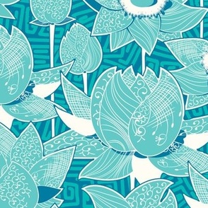 Magic lotuses, Turquoise flowers on a turquoise background