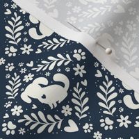 Small Scale Dog Floral Damask Ivory on Navy