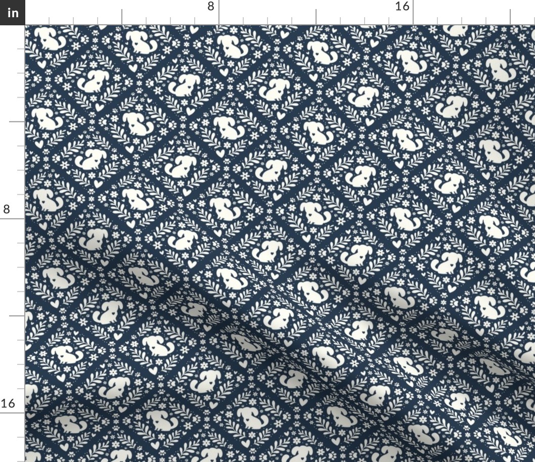 Small Scale Dog Floral Damask Ivory on Navy