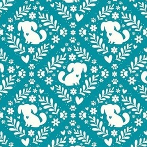 Small Scale Dog Floral Damask Ivory on Lagoon Blue