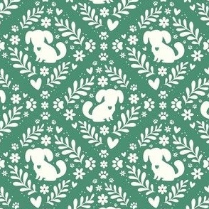Small Scale Dog Floral Damask Ivory on Soft Pine Green