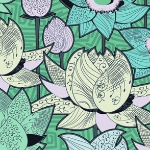 Magic lotuses, Green-turquoise flowers on a green background