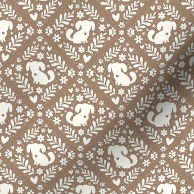 Small Scale Dog Floral Damask Ivory on Mushroom Tan
