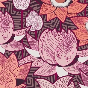 Magic lotuses, Pink-coral flowers on a dark brown background