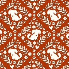Small Scale Dog Floral Damask Ivory on Rust