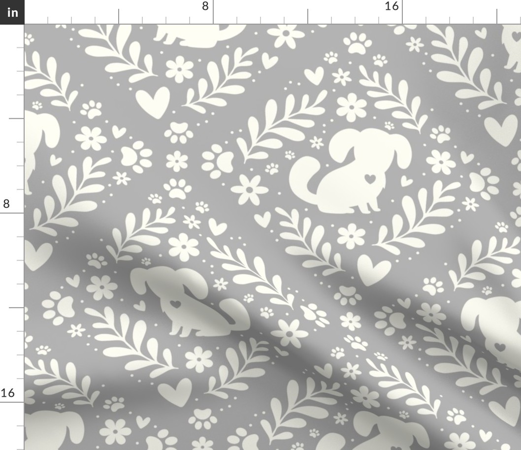 Large Scale Dog Floral Damask Ivory on Grey