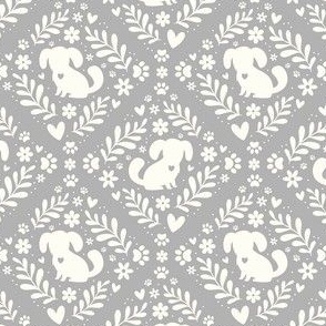 Small Scale Dog Floral Damask Ivory on Grey