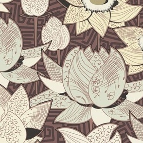 Magic lotuses, Light cream flowers on a brown background