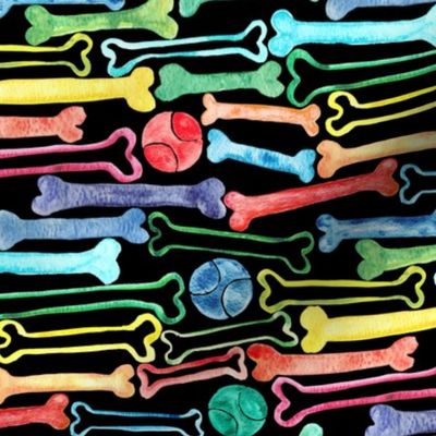 Doggy Bones in Rainbow Watercolors  on Black - medium