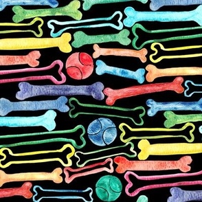 Doggy Bones in Rainbow Watercolors  on Black - medium