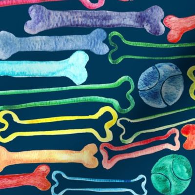 Doggy Bones in Rainbow Watercolors  on Navy - large