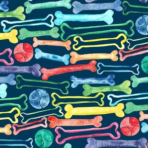 Doggy Bones in Rainbow Watercolors  on Navy - large