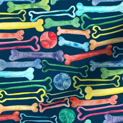 Doggy Bones in Rainbow Watercolors  on Navy - medium