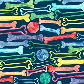 Doggy Bones in Rainbow Watercolors  on Navy - medium