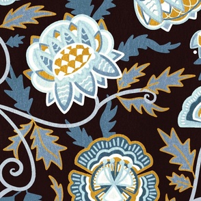 Rococo Floral - Blue, Gold - Large Scale