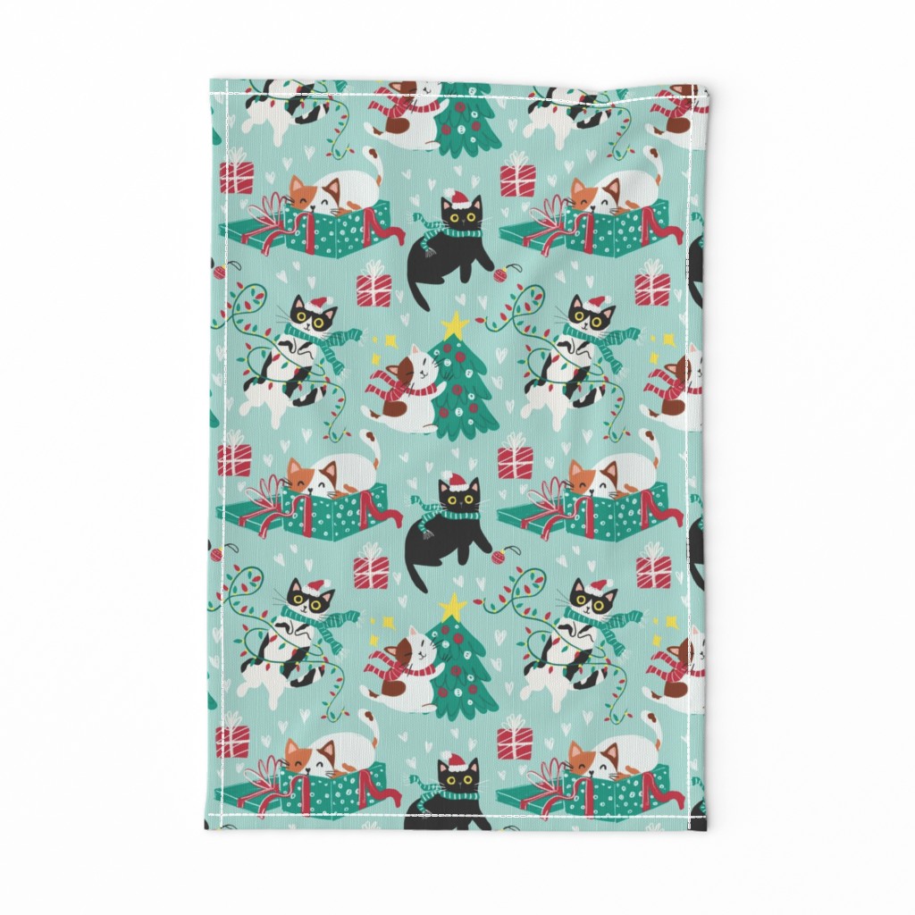 Cute Christmas cats - turquoise Christmas,xmas fabric WB22