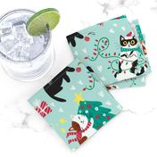 Cute Christmas cats - turquoise Christmas,xmas fabric WB22