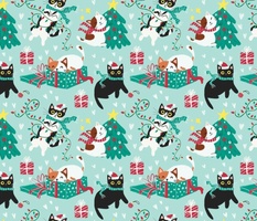 Cute Christmas cats - turquoise Christmas,xmas fabric WB22