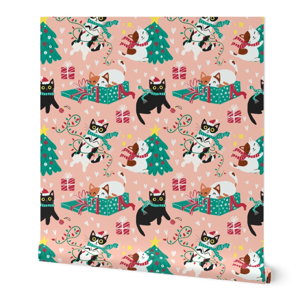 Cute Christmas cats - blush Christmas,xmas fabric WB22