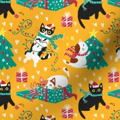 Cute Christmas cats - golden yellow Christmas,xmas fabric WB22