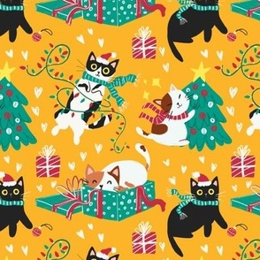 Cute Christmas cats - golden yellow Christmas,xmas fabric WB22