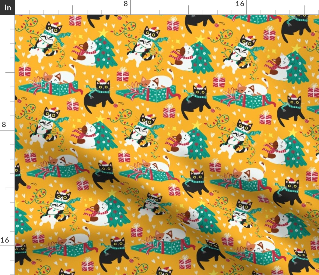 Cute Christmas cats - golden yellow Christmas,xmas fabric WB22