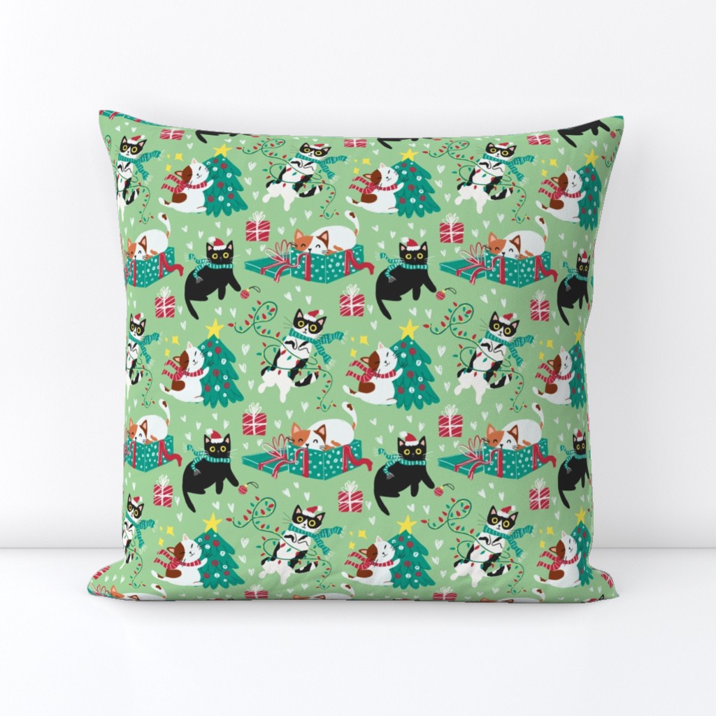 Cute Christmas cats - green Christmas,xmas fabric WB22