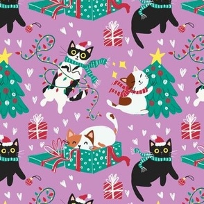 Cute Christmas cats - purple Christmas,xmas fabric WB22