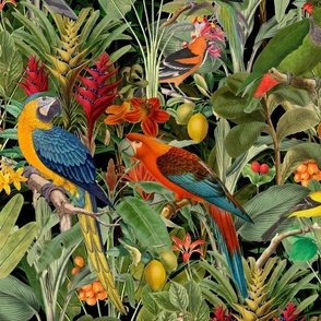 Tropical Jungle Garden With Parrots Vintage Botanical Pattern  Smaller Scale