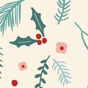 Boho Winter Berry Foliage on neutral cream with red pink green sage accents, featuring holly, mistletoe, pine, jumbo scale