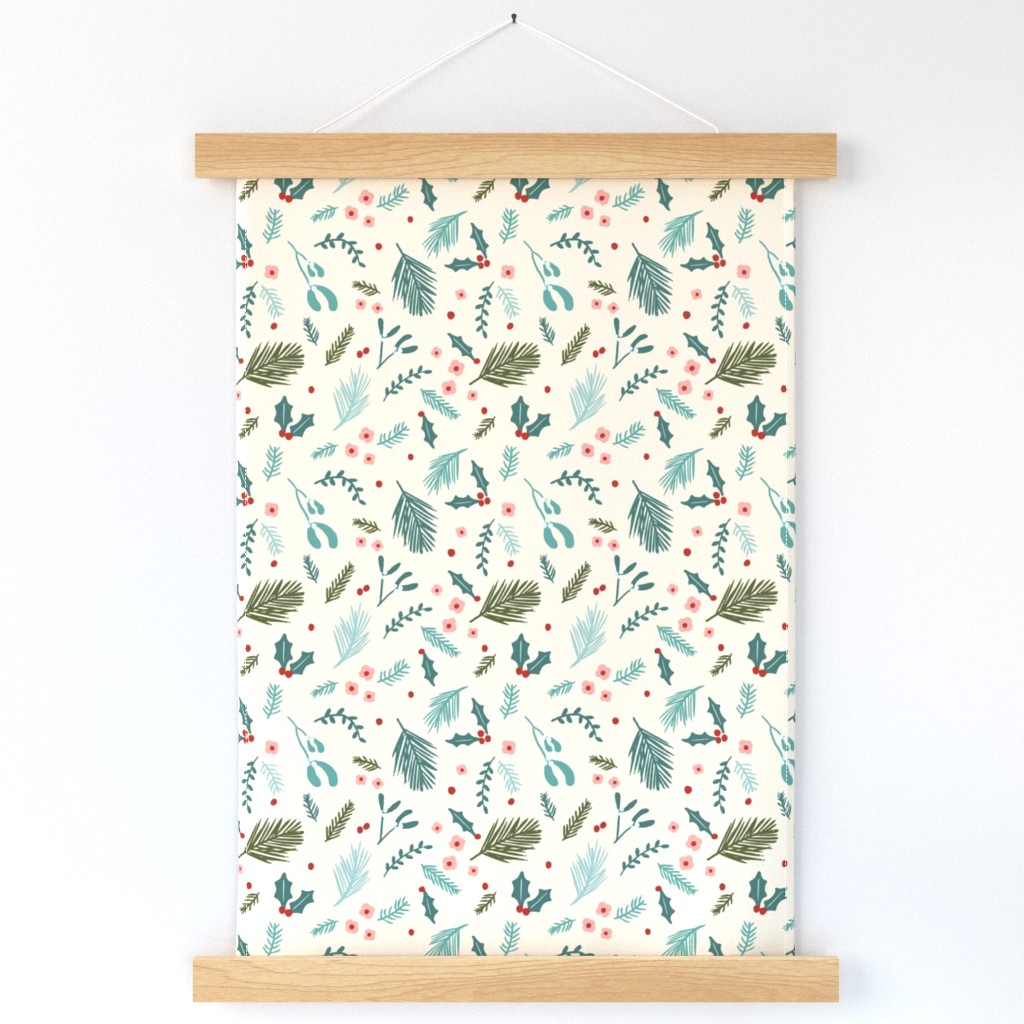 Boho Winter Foliage on neutral cream with red pink green sage accents - holly, mistletoe, pine -  // small scale